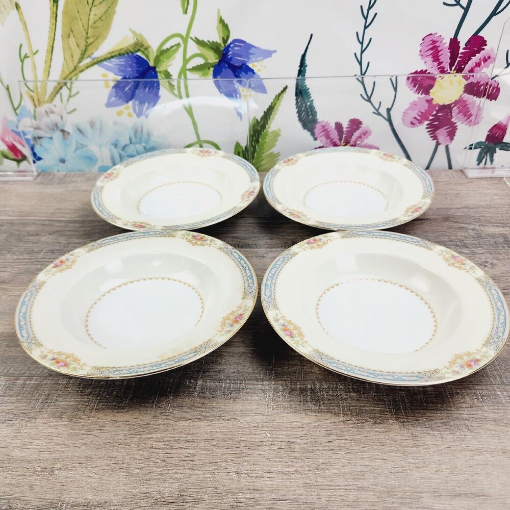 Noritake Rose China Annette 8" Soup Bowls Gold Rim Lot of 4 Vintage